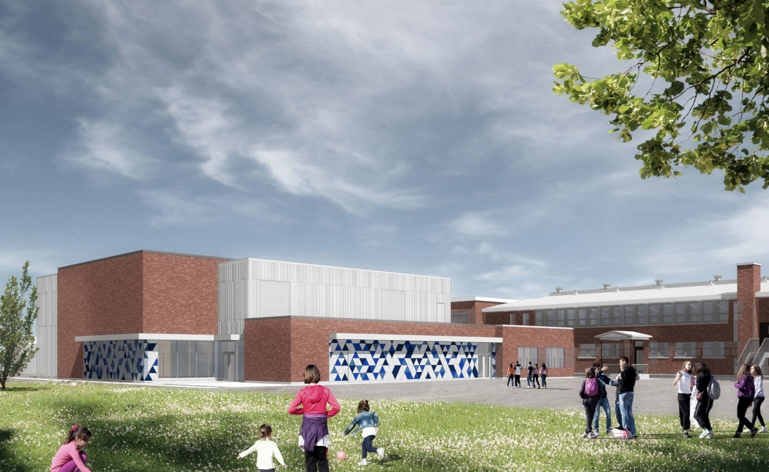 École moderne avec enfants jouant.