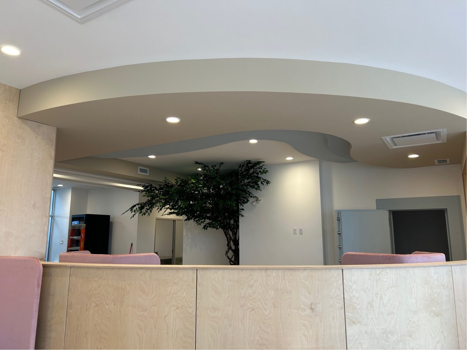 Espace moderne avec arbre décoratif.